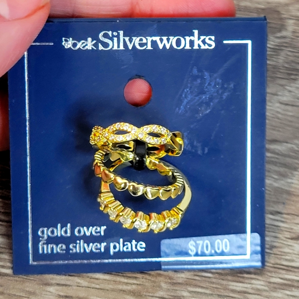 NWT Gold Over Fine Silver Plated Crystal Halo and Band 3 Piece Ring Set